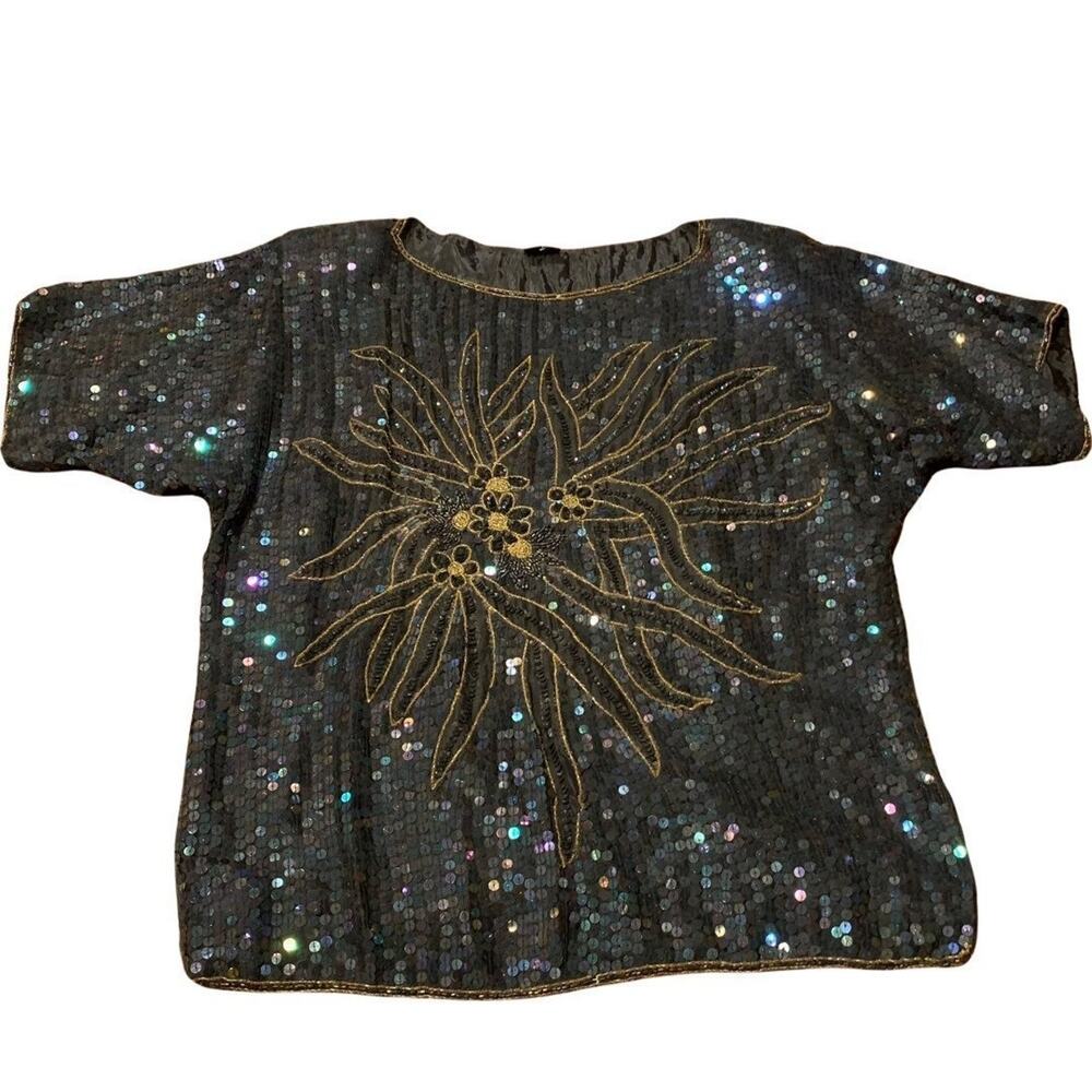 NWT Vintage Women's Sequin & Beaded Short Sleeve Top Black Gold Purple